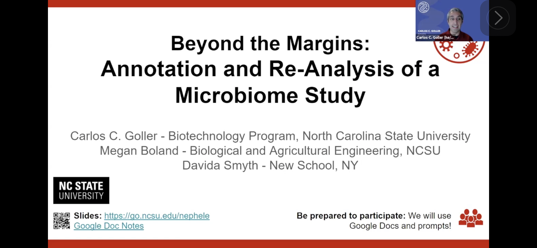 Beyond the Margins: Annotation and Re-Analysis of a Microbiome Study presentation we gave at the 2020 Lilly Conference. Image credit: Carlos C. Goller.