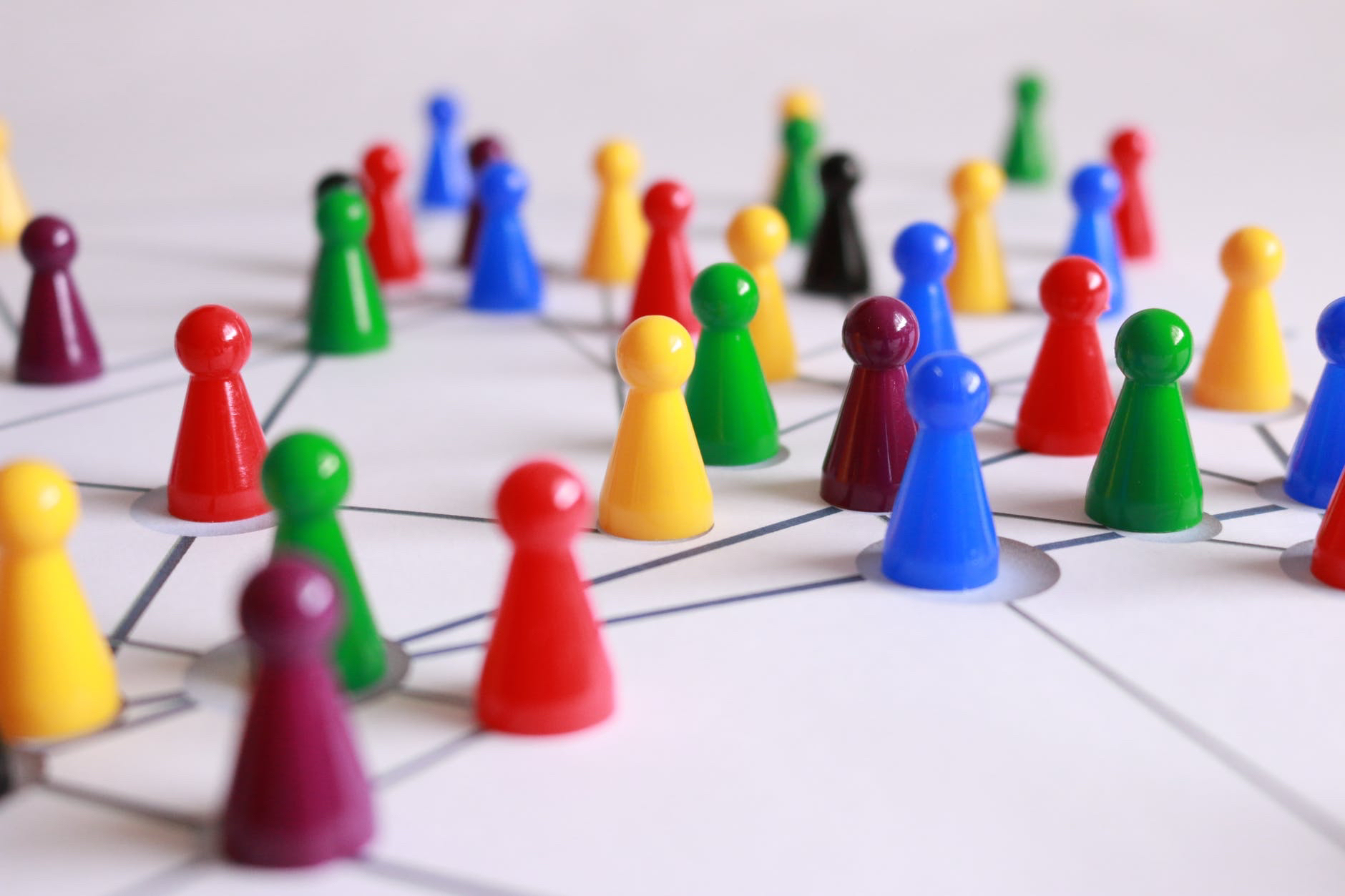 Network analysis. Different colored figures connected by lines.