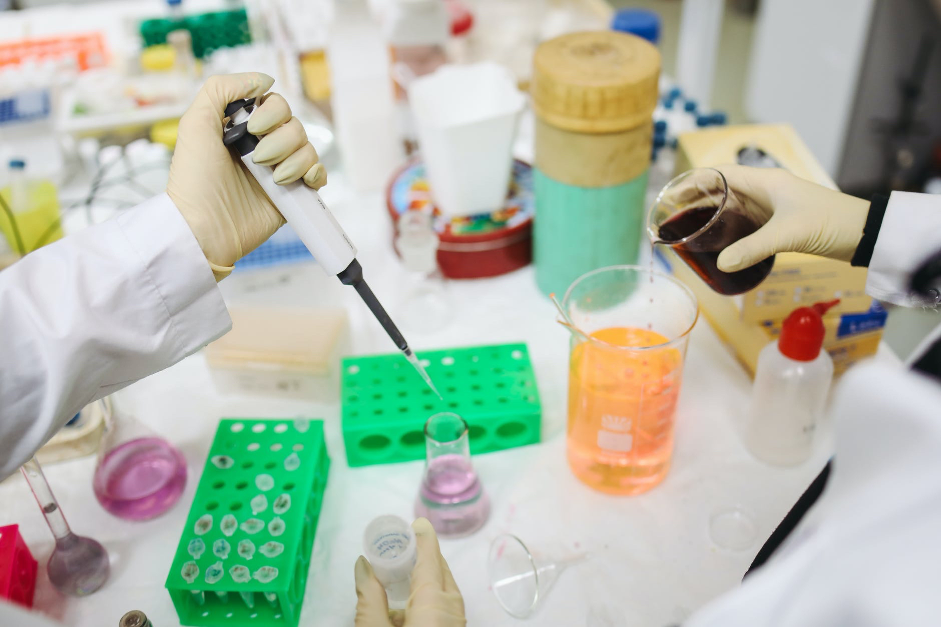 Lab bench with hand holding pipettor .