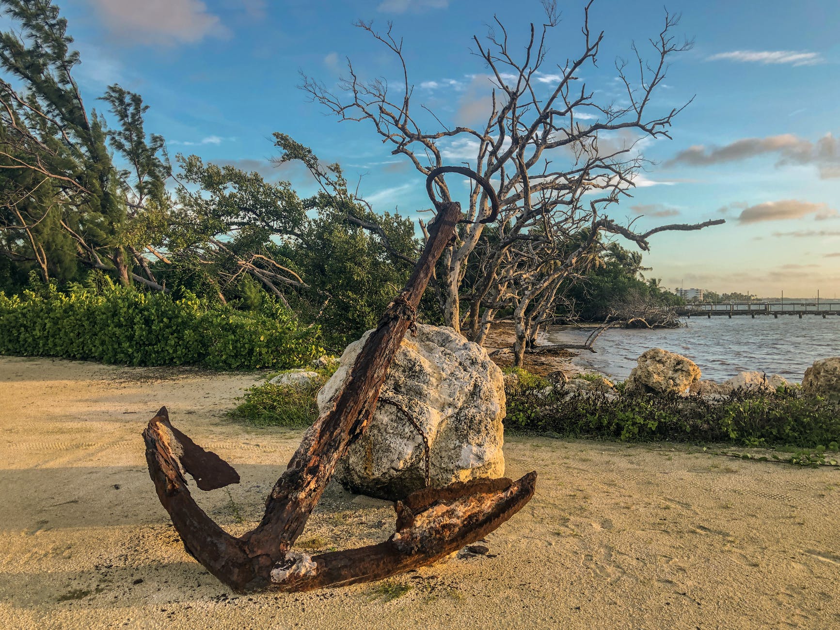 old anchor on beach against rock