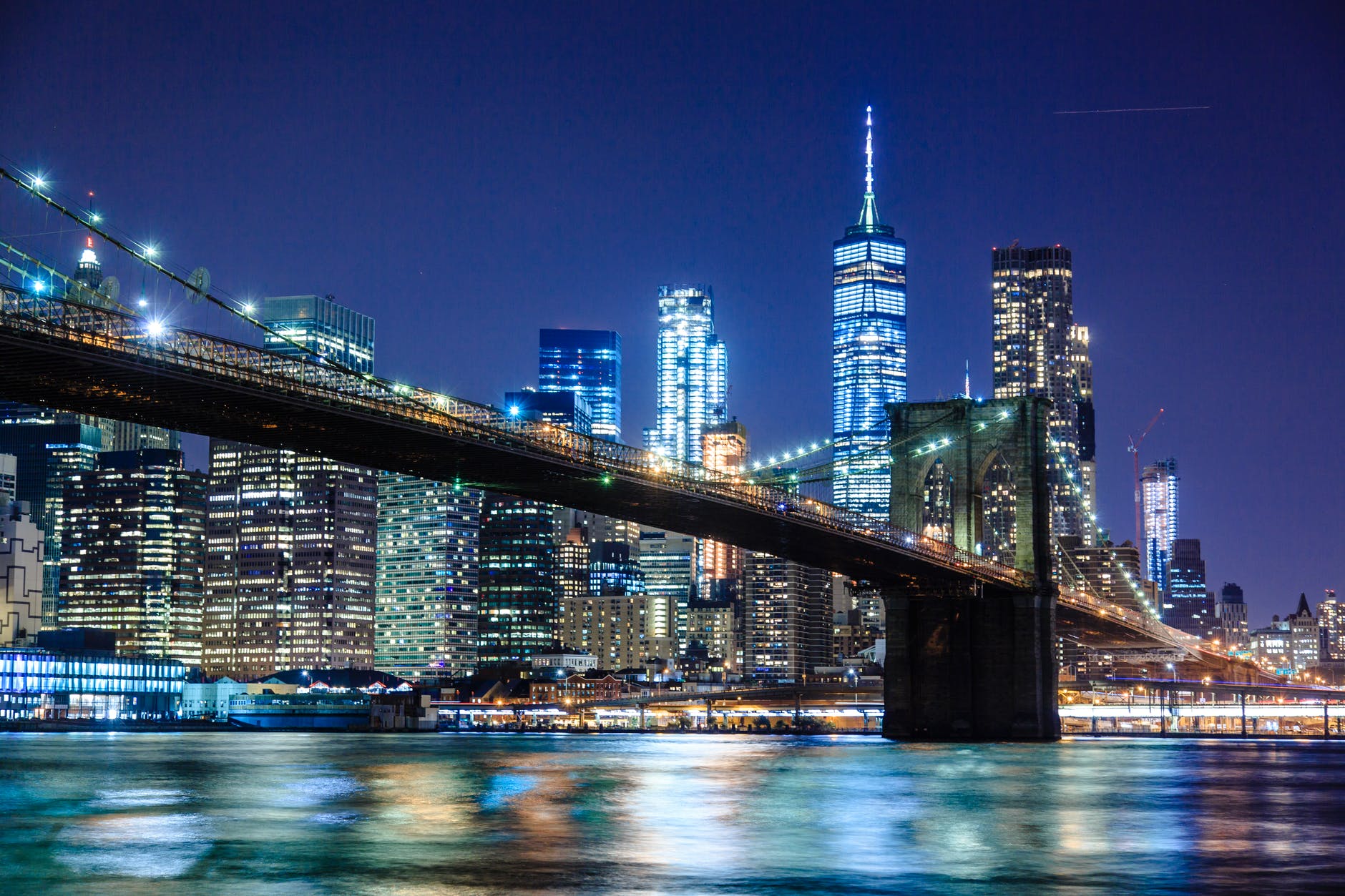 View of New York skyline at night