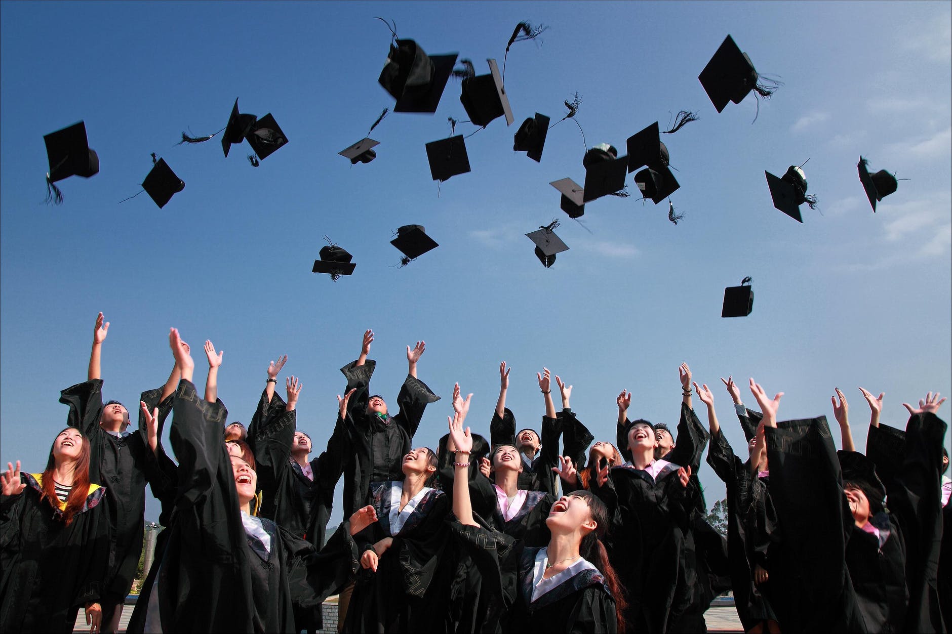 Graduates wearing black robes and staring at the sky as they throw their graduation caps.