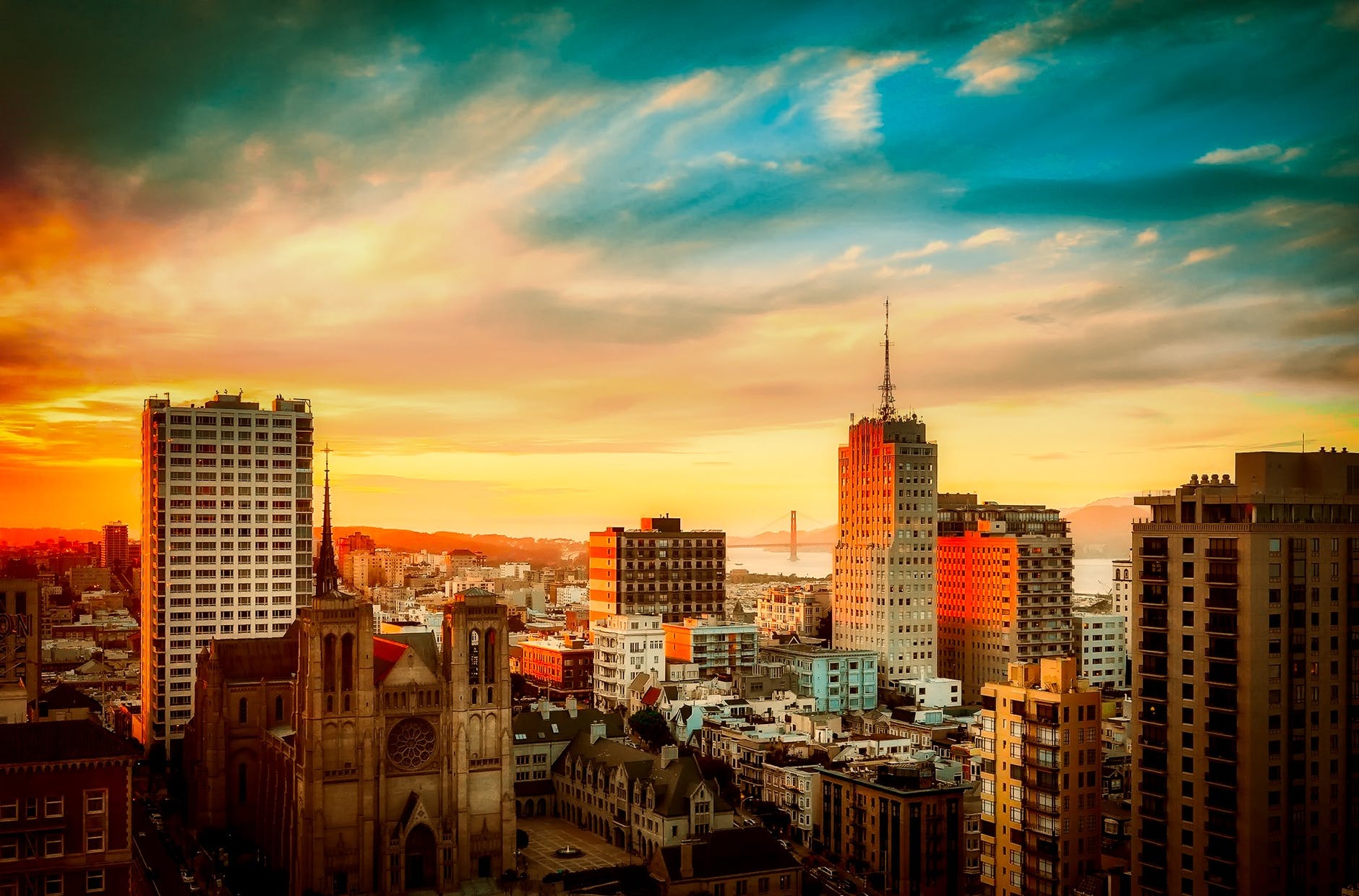 Skyline of a city during sunset.