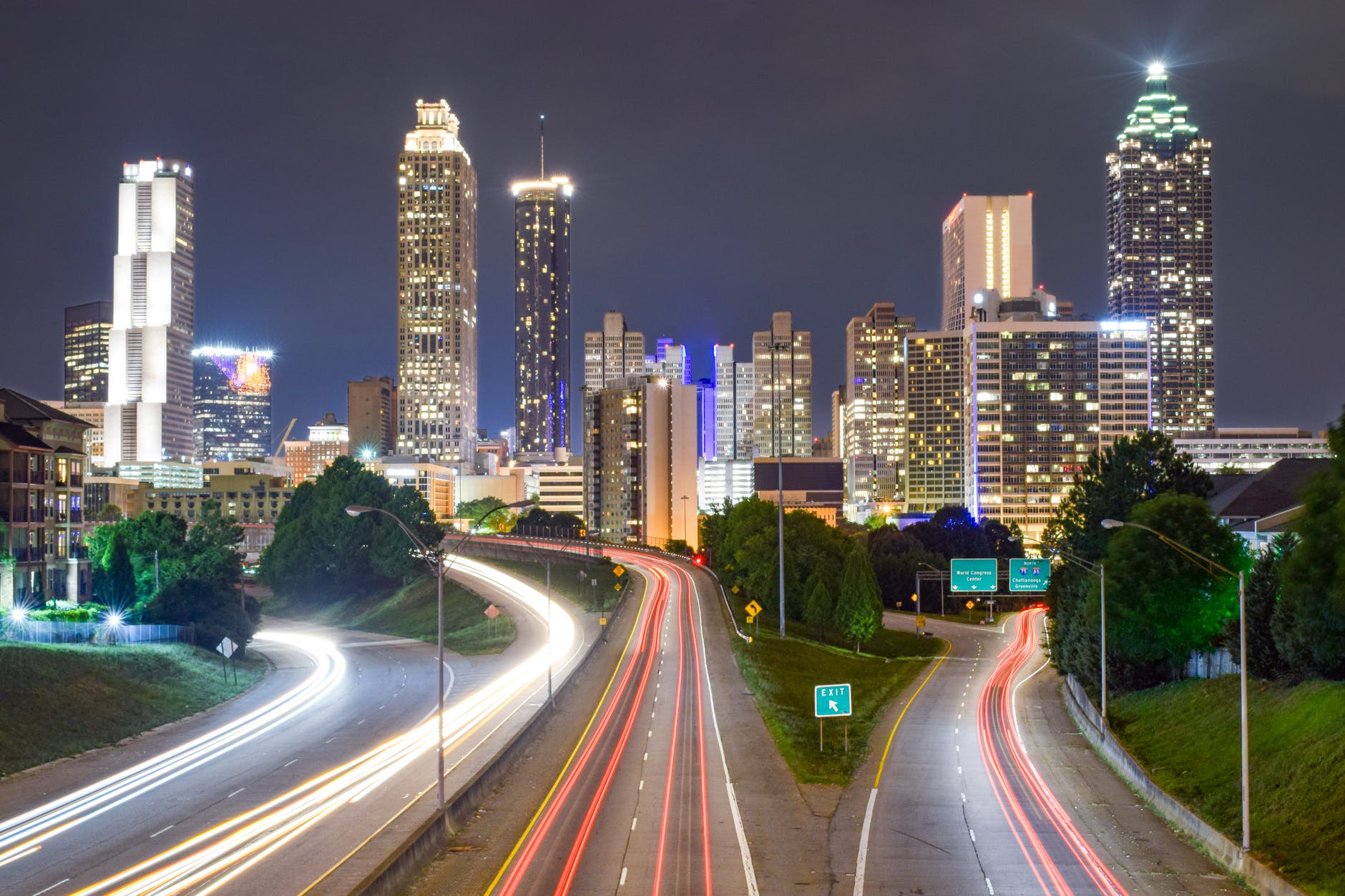 skyline of city and lights in motion