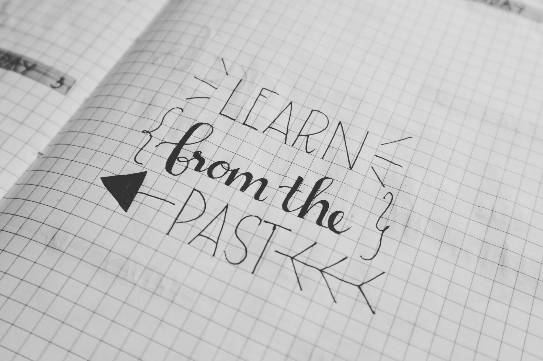 Notebook with note in black ink:
Learn from the past