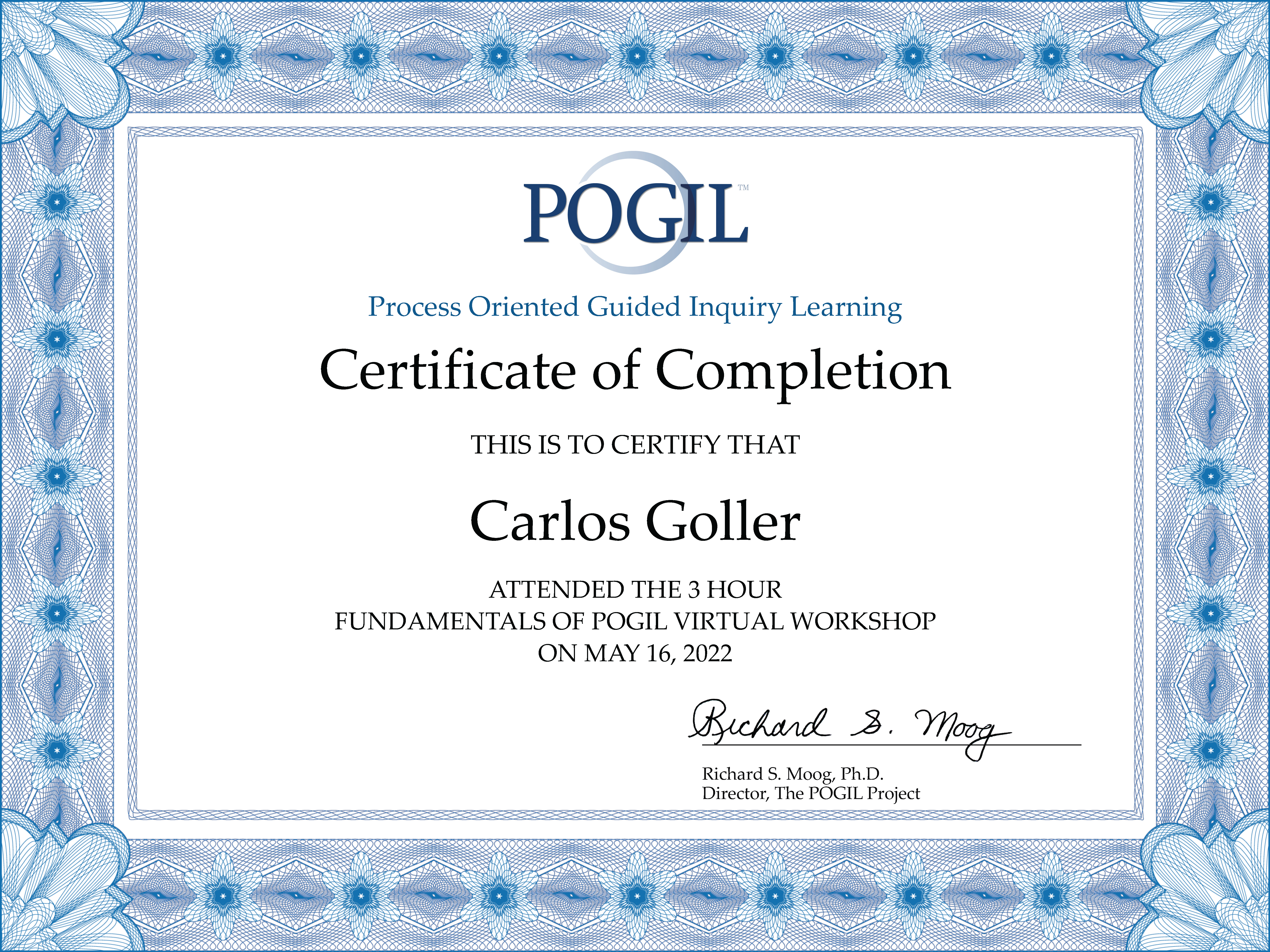 Certificate of Completion for 3-hour virtual Fundamentals of POGIL workshop