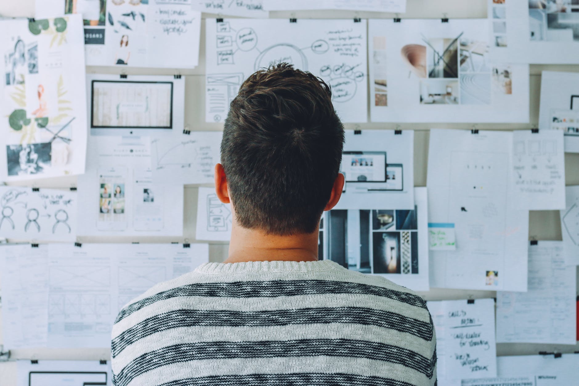person's back staring at papers and graphs on bulletin board.