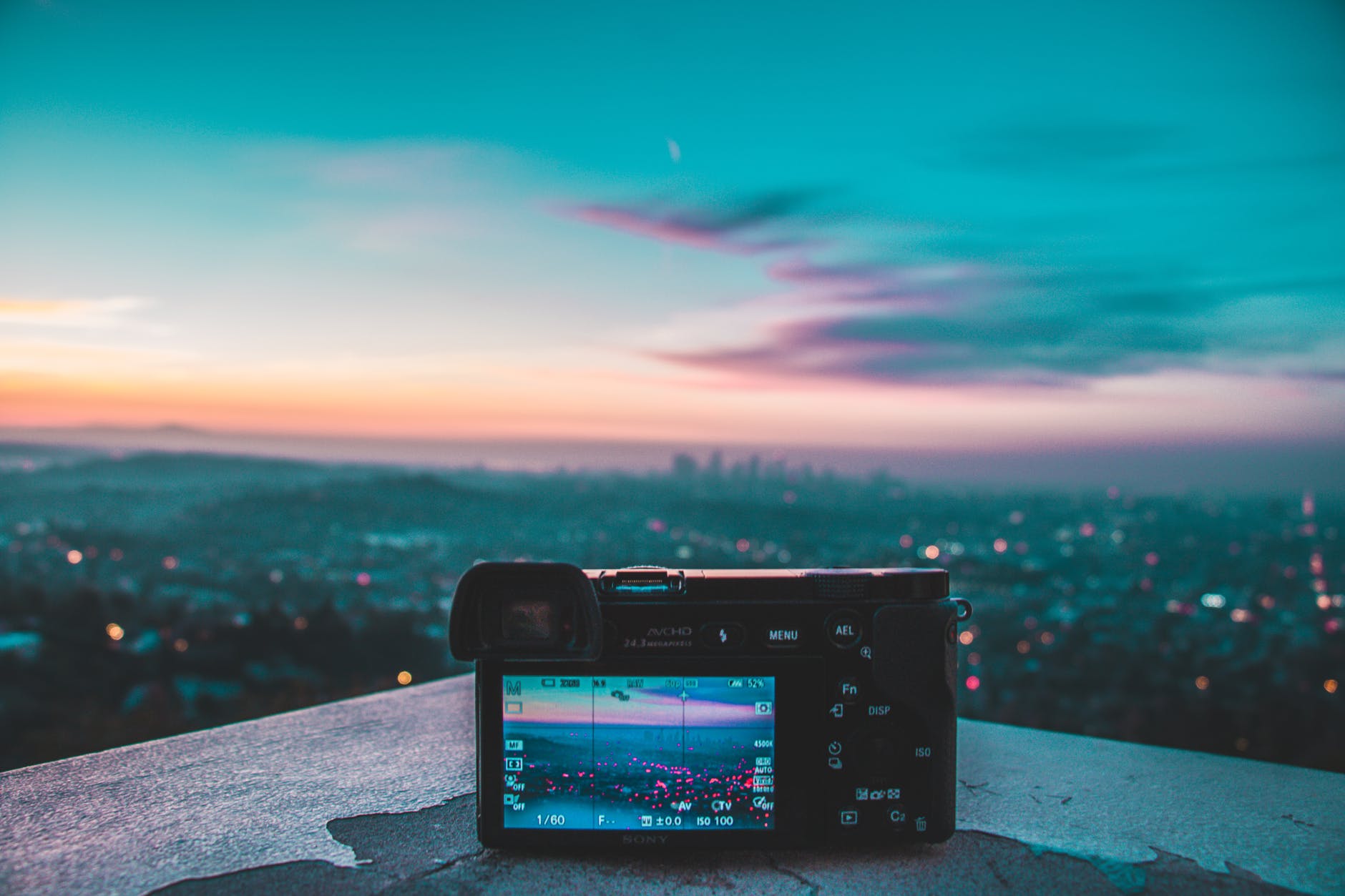 Camera pointing to skyline. The LCD display shows the preview.