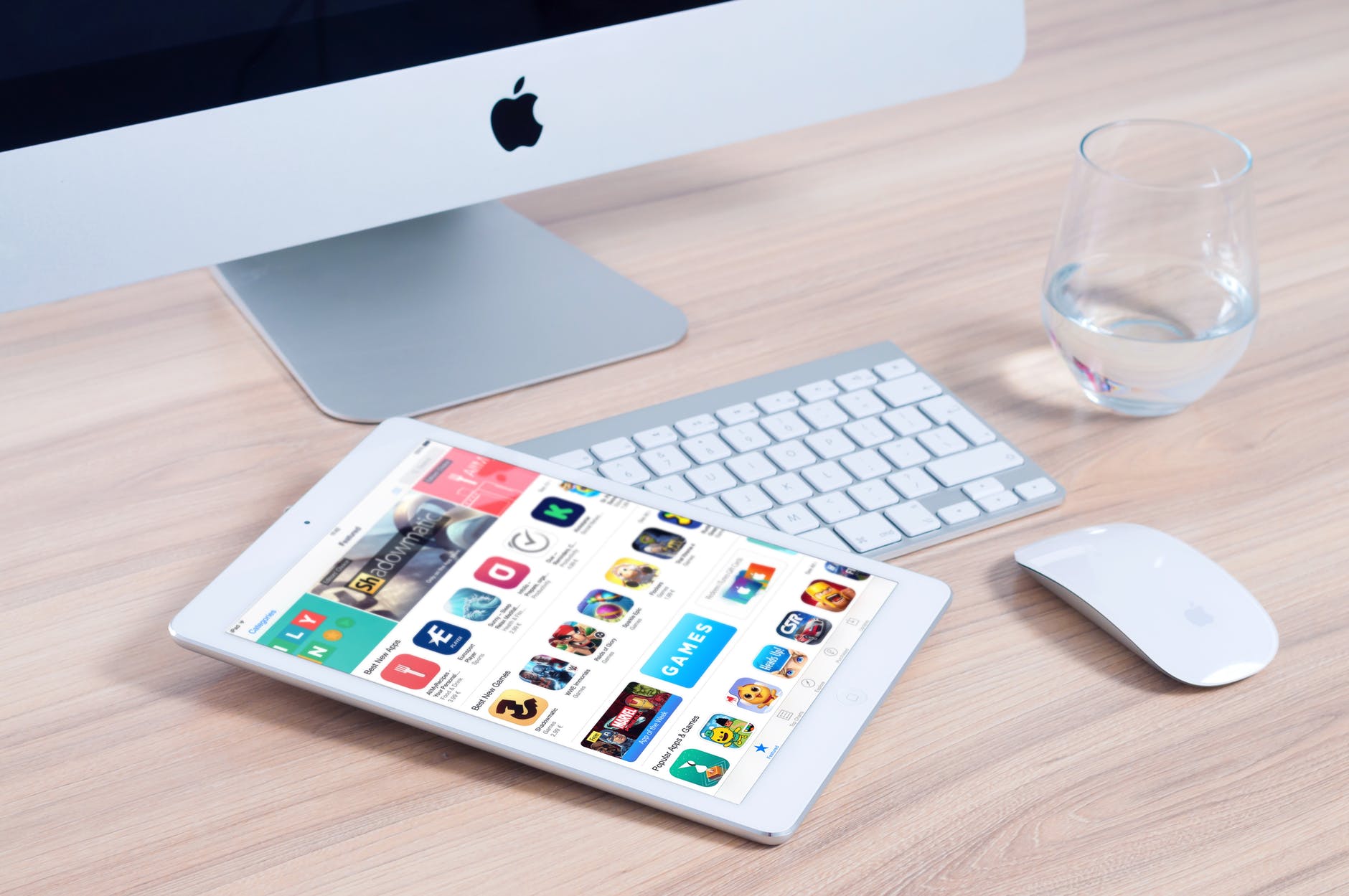 tablet with apps and keyboard and mouse