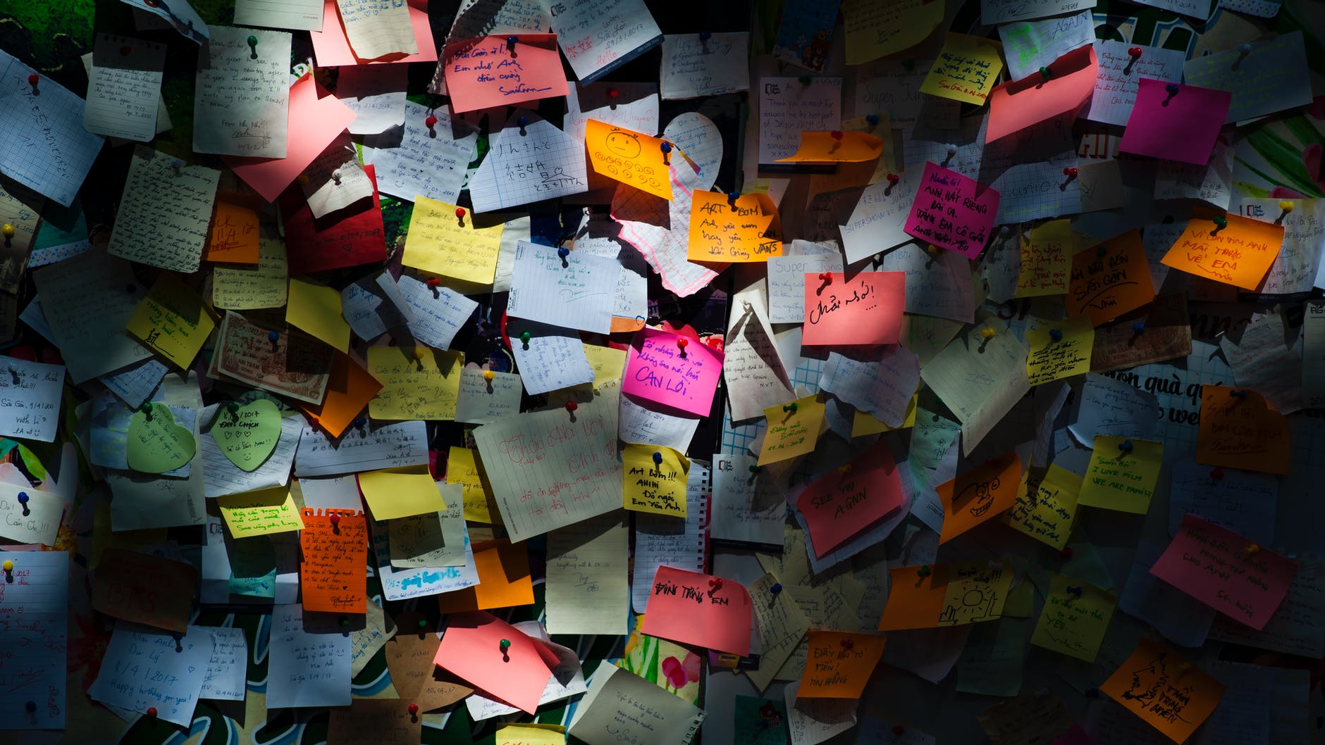 wall full of colorful sticky notes with information