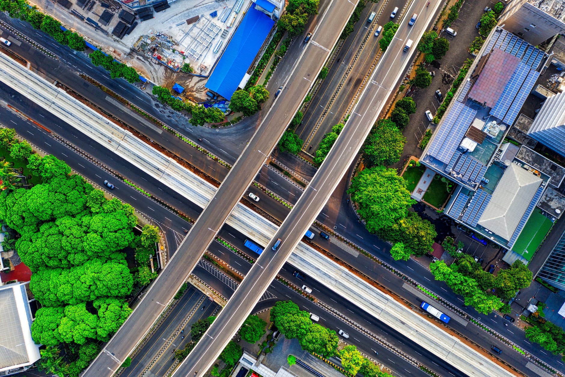 aerial view of highways connecting in "x" pattern