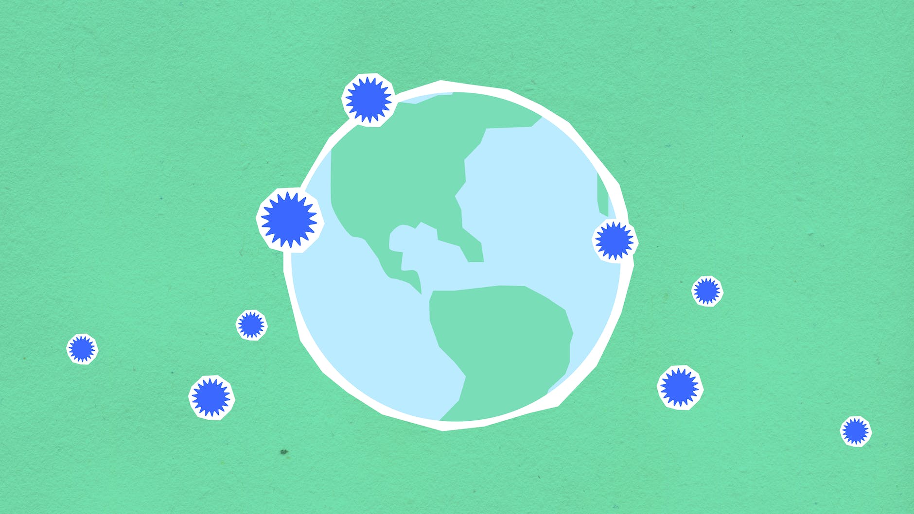 Illustration of globe with blue virus/bacteria round structures.