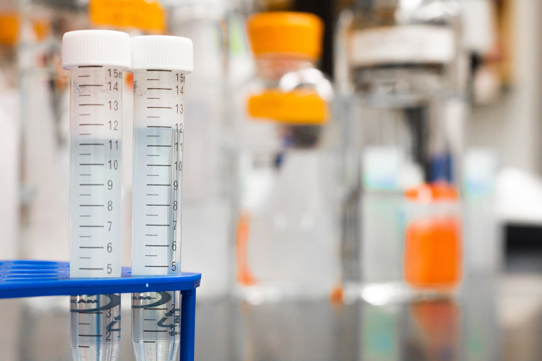 conical tubes and bottles from a laboratory