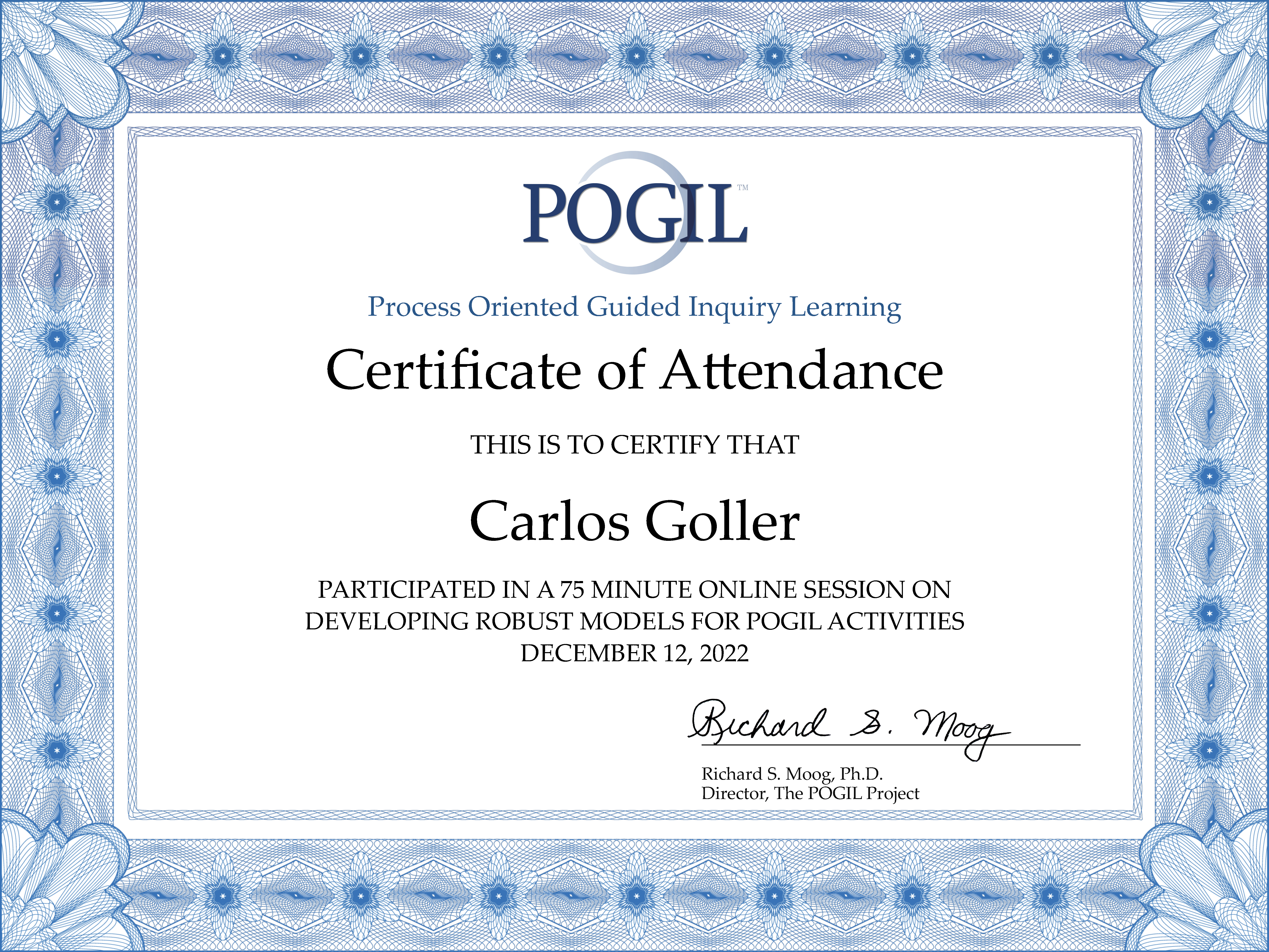 Certificate of Attendance for 75-minute session on Developing Robust Models for POGIL Activities, December 12, 2022
