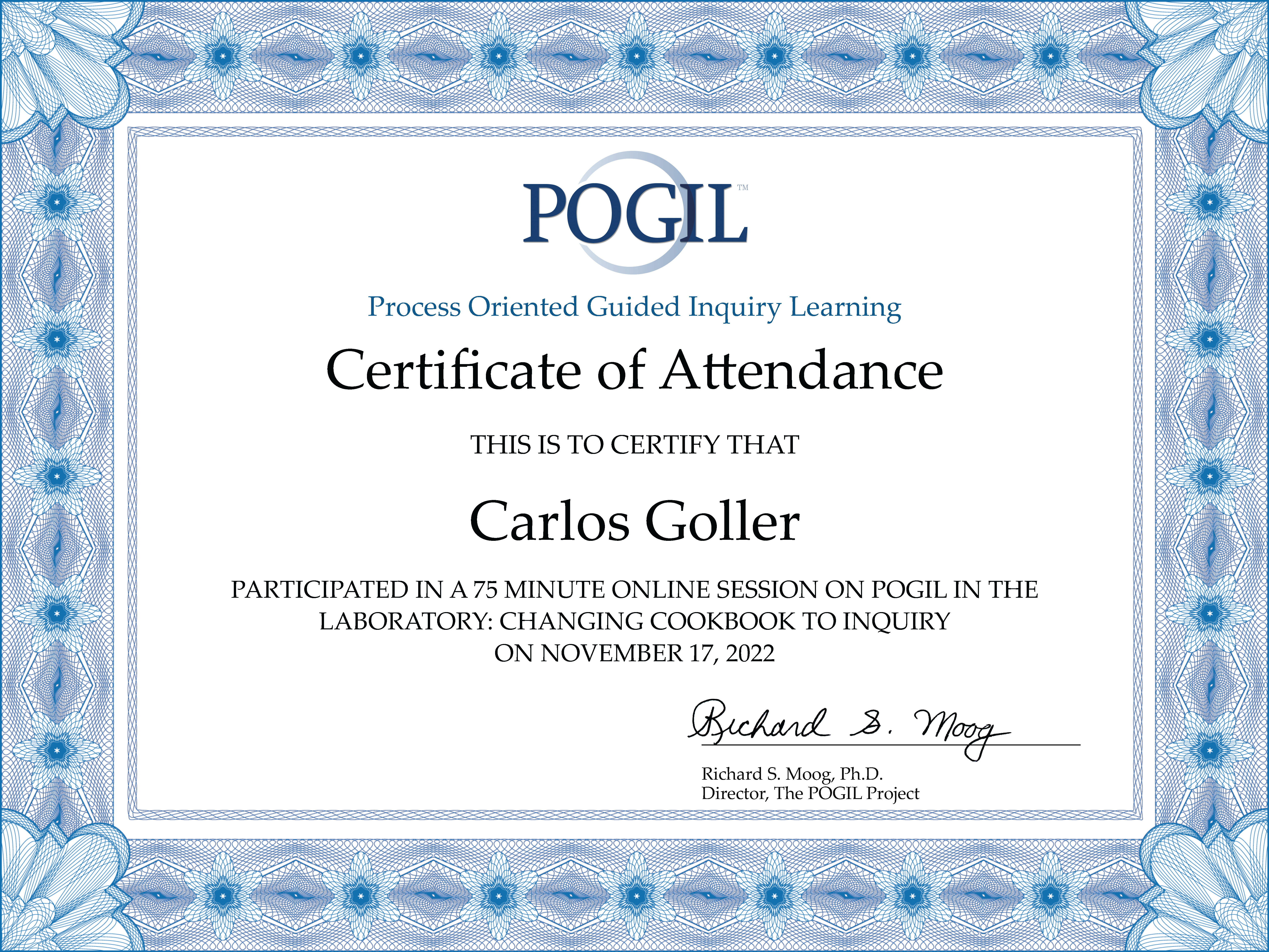 Certificate of Completion for the 75-min virtual POGIL in the Laboratory Workshop