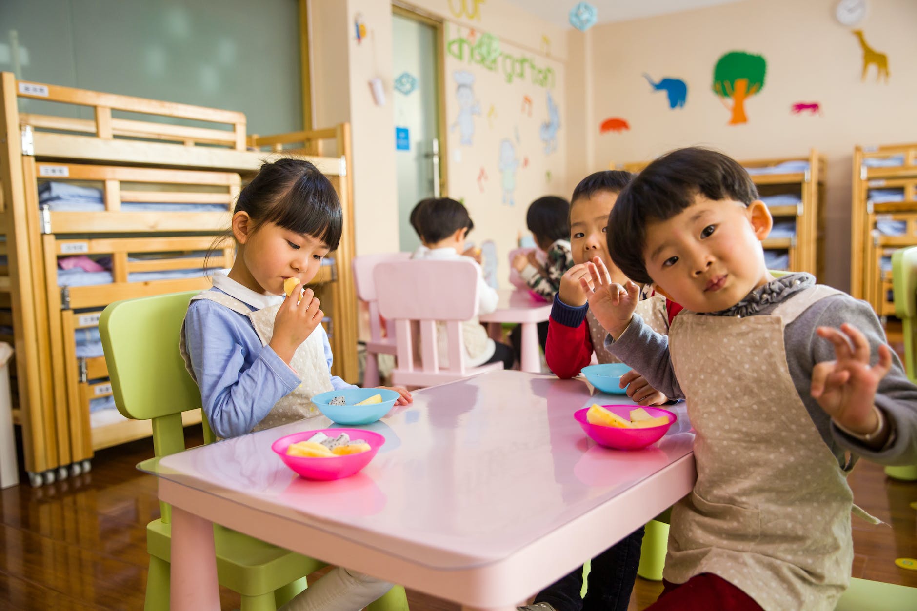 three toddlers eating on white table at school