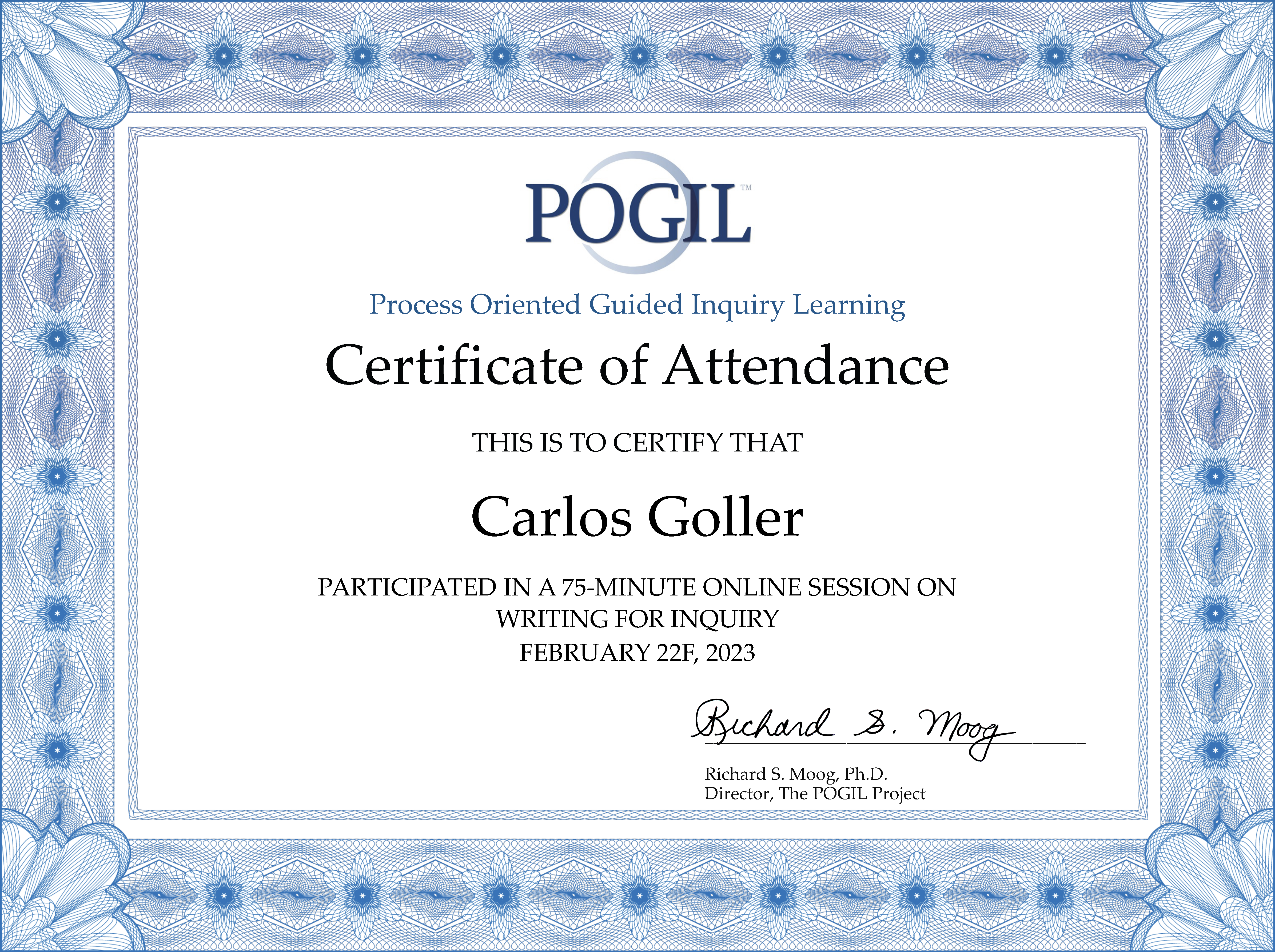 Certificate of Completion for the 75-minute Writing for Inquiry Virtual POGIL Workshop