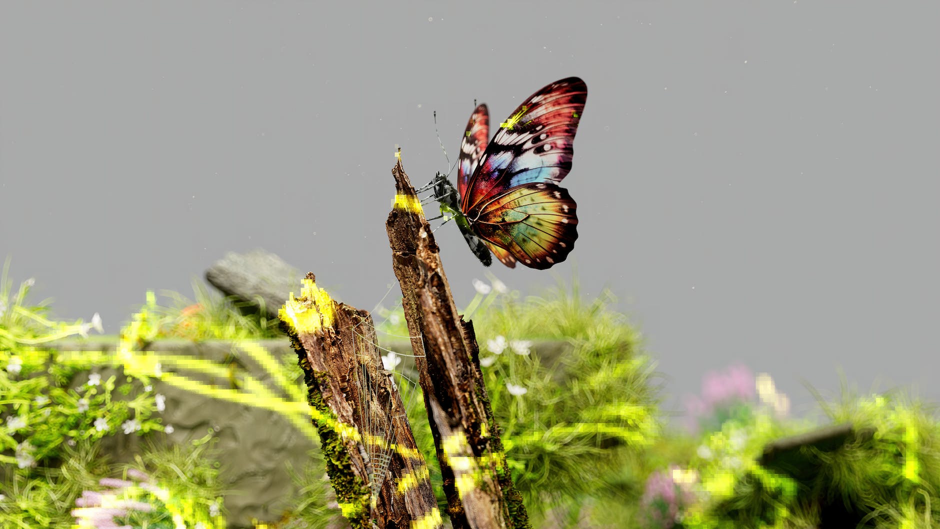 a colorful butterfly and spider web created by AI