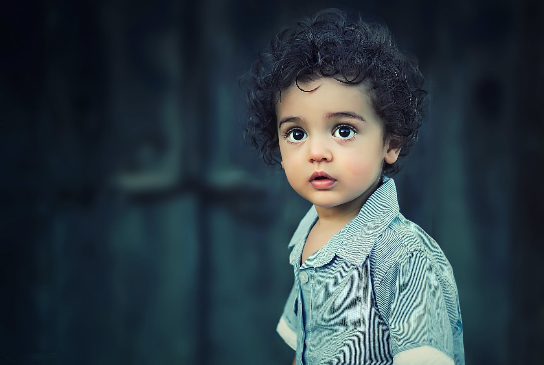 toddler with curly black hair looking at camera