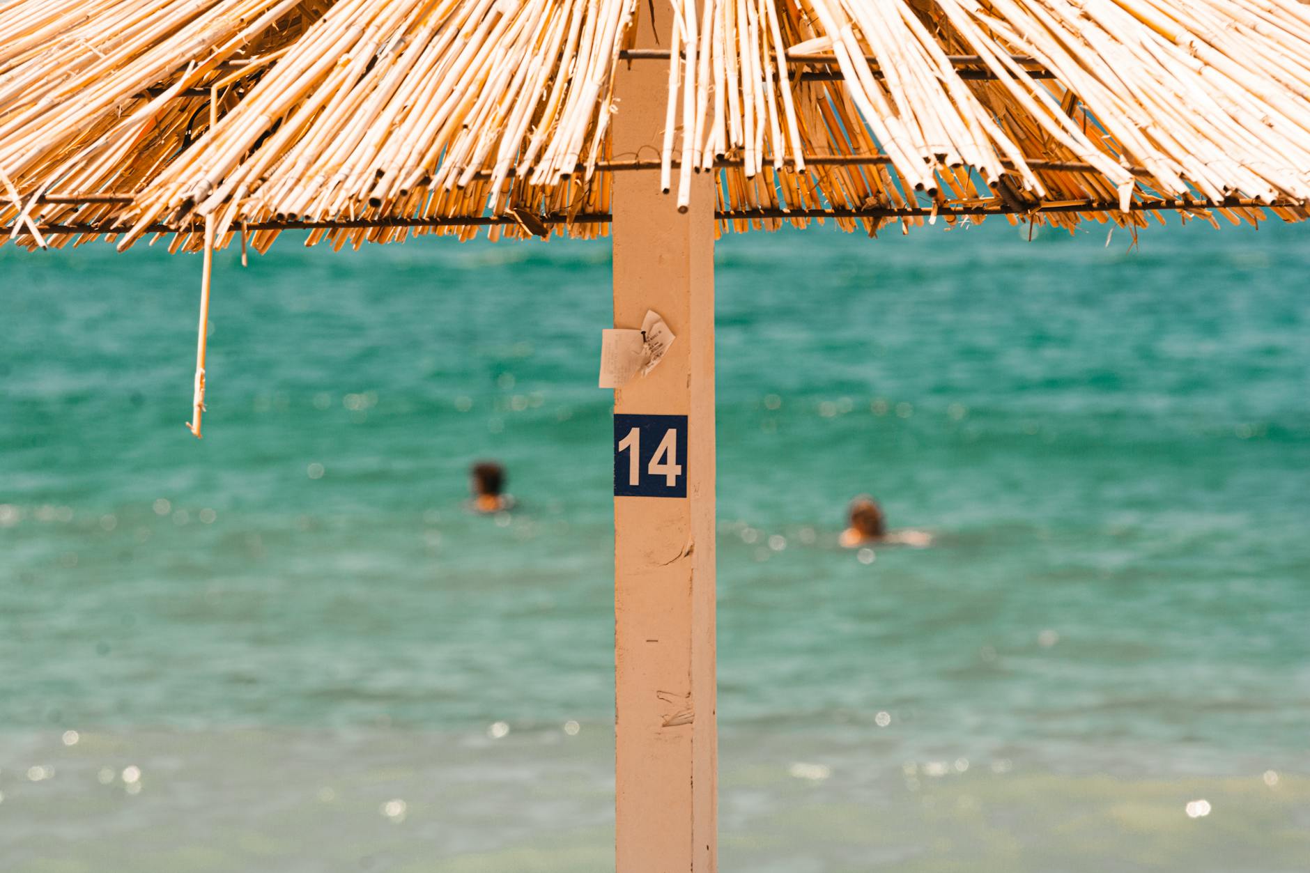 beach and palm umbrella with "14" sign