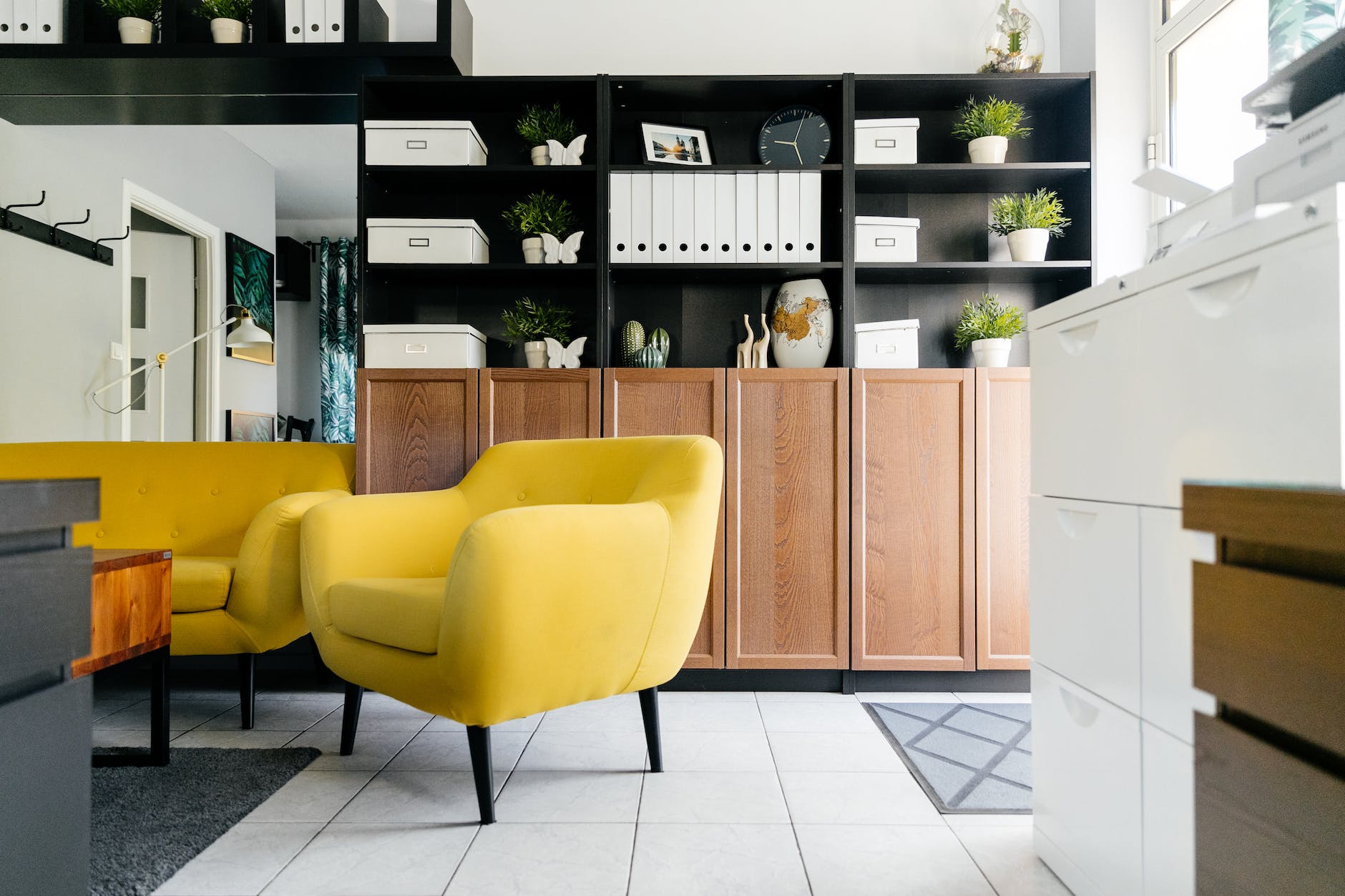 living room with yellow chair