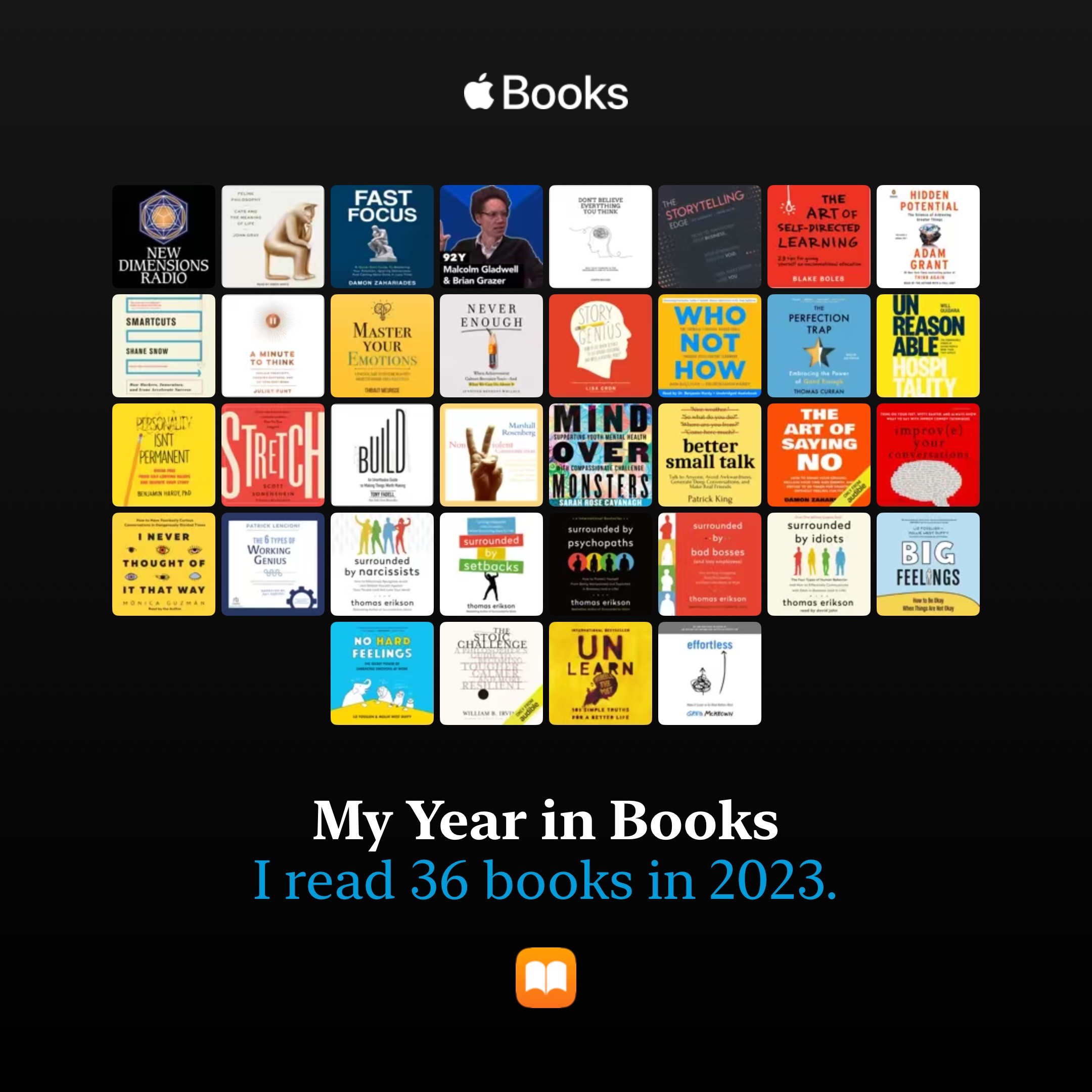 Apple Books cover of books read in 2023 36 books total.