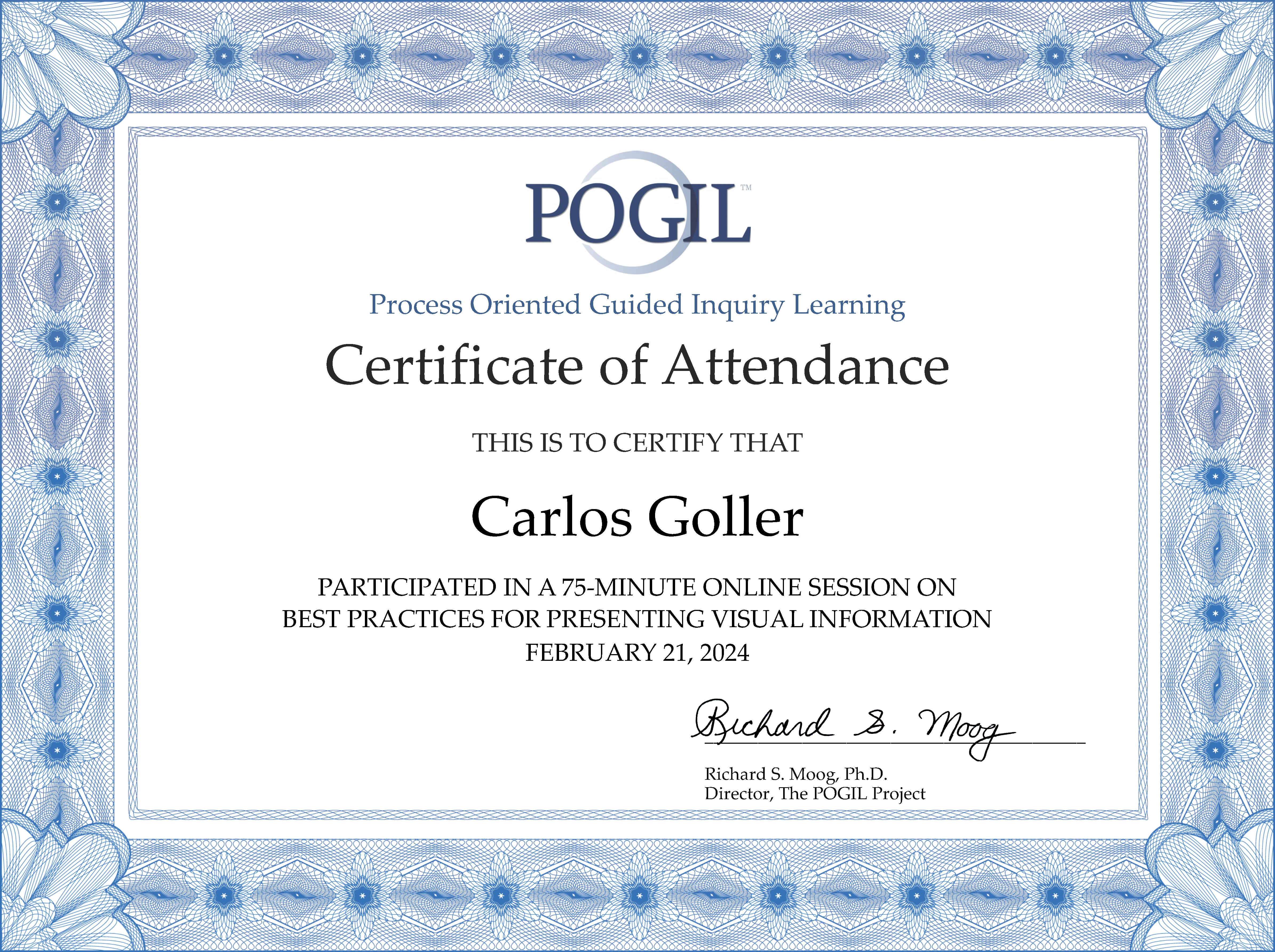Certificate of Completion for the 75-minute Best Practices for Presenting Visual Information Feb 2024 POGIL Workshop